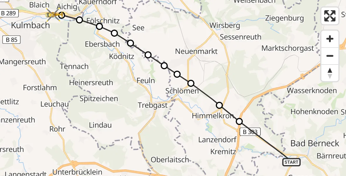 Flugroute Rettungshubschrauber Gesees - Kauernburg, 19 Februar 2026, 16:43