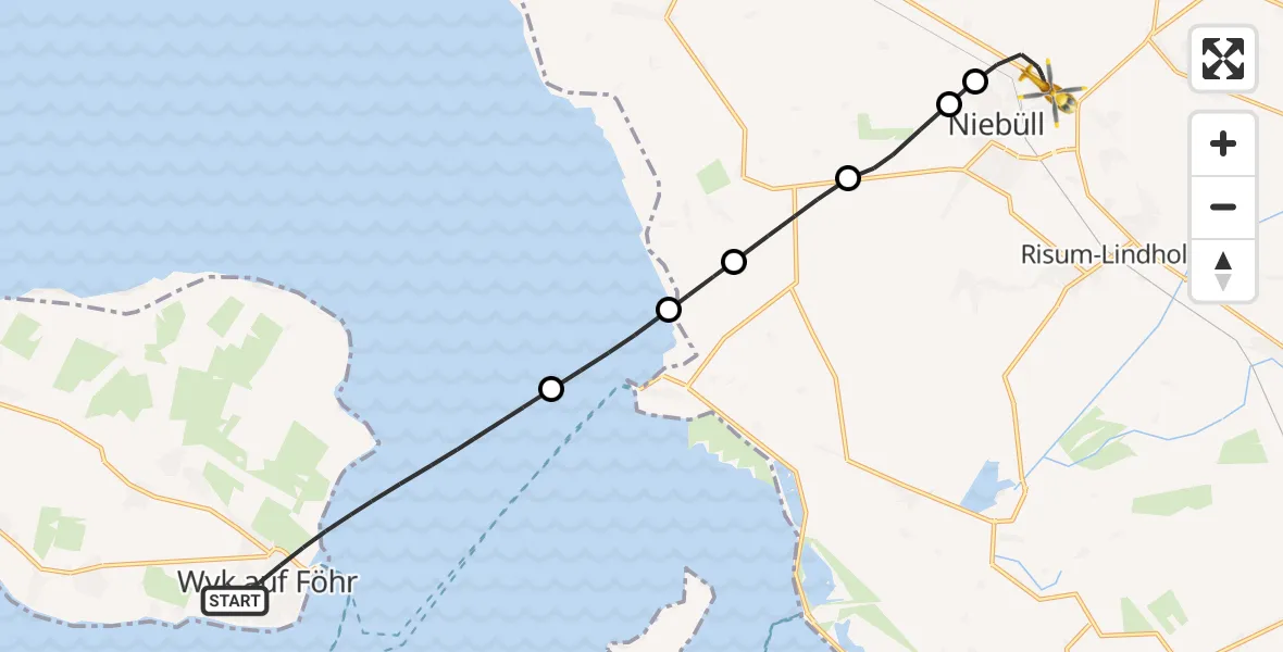 Flugroute Rettungshubschrauber Wyk auf Föhr - Niebüll, 19 Februar 2026, 16:45