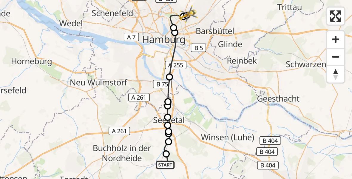 Flugroute Rettungshubschrauber Marxen - Hamburg Military Hospital Helipad, 19 Februar 2026, 16:50