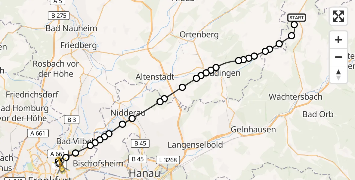 Flugroute Rettungshubschrauber Fischborn - Frankfurt am Main Accident Hospital Roof Helipad, 19 Februar 2026, 16:57