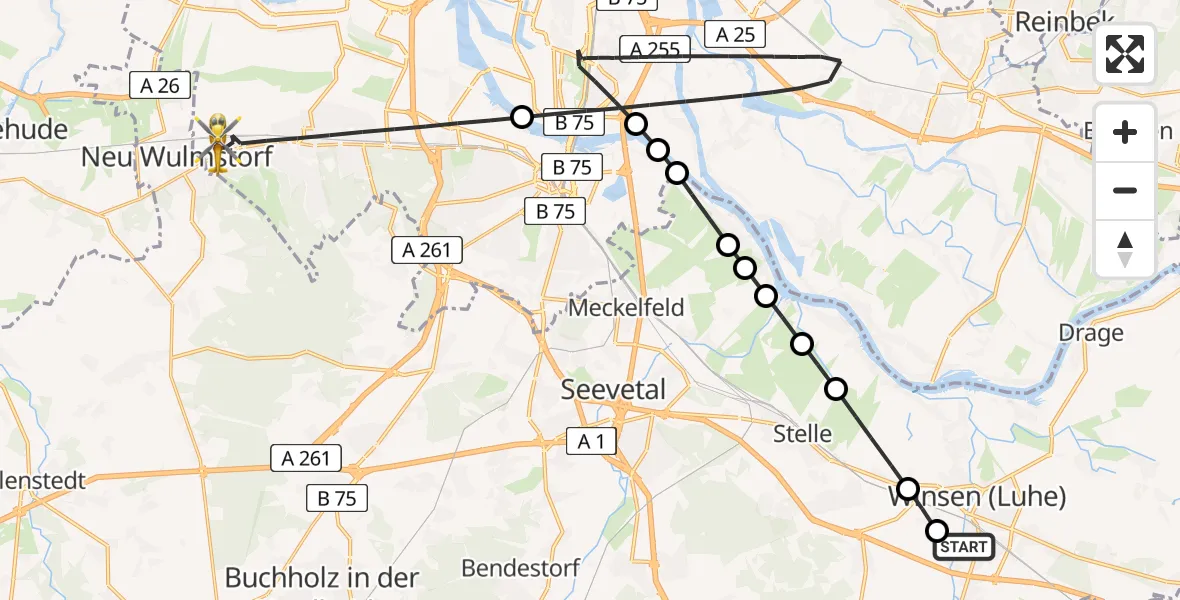 Flugroute Ambulanzhubschrauber Roydorf - Harburg, 19 Februar 2026, 16:57