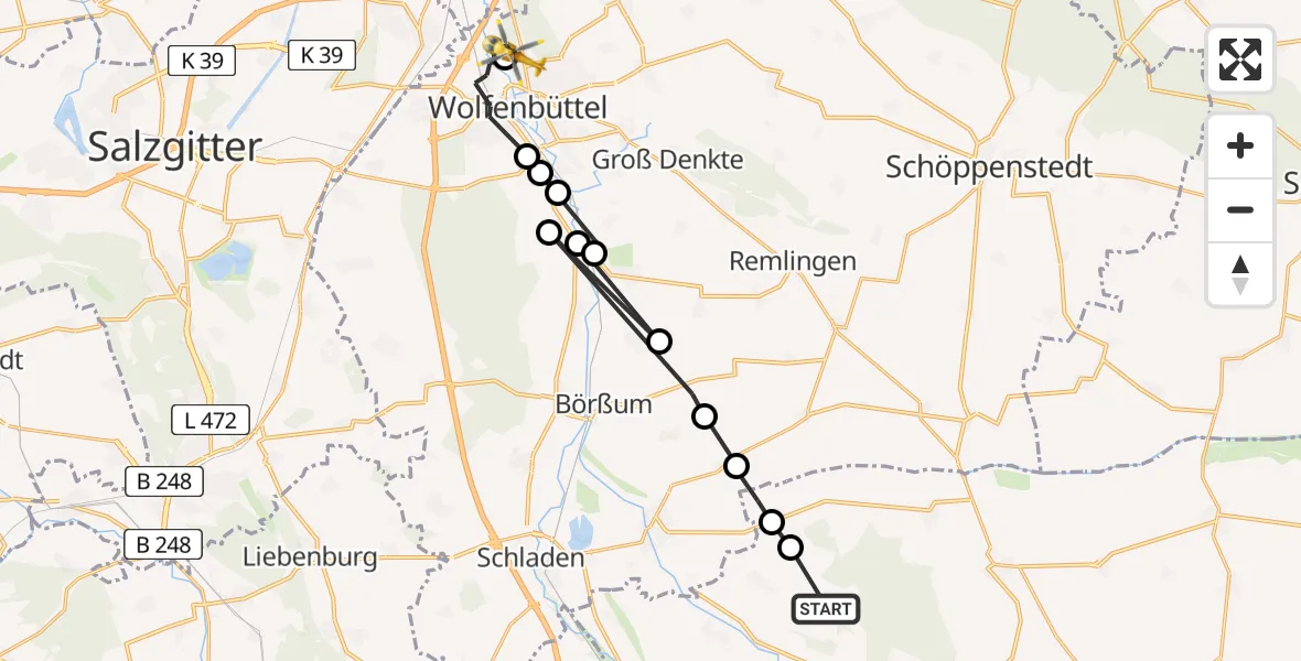 Flugroute Rettungshubschrauber Rhoden - Wolfenbüttel Municipal Hospital Heliport (Christoph 30), 19 Februar 2026, 17:05
