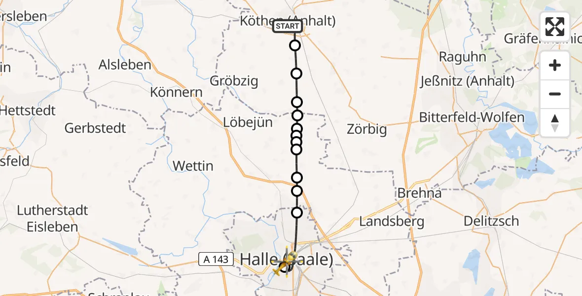 Flugroute Ambulanzhubschrauber Köthen (Anhalt) - Sankt Elisabeth and Sankt Barbara Hospital Halle (Saale) Heliport, 19 Februar 2026, 17:21