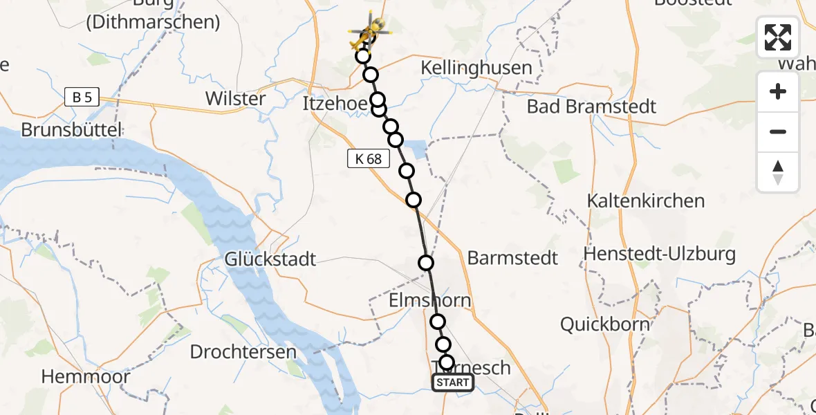 Flugroute Rettungshubschrauber Uetersen - Hohenlockstedt, 19 Februar 2026, 17:28