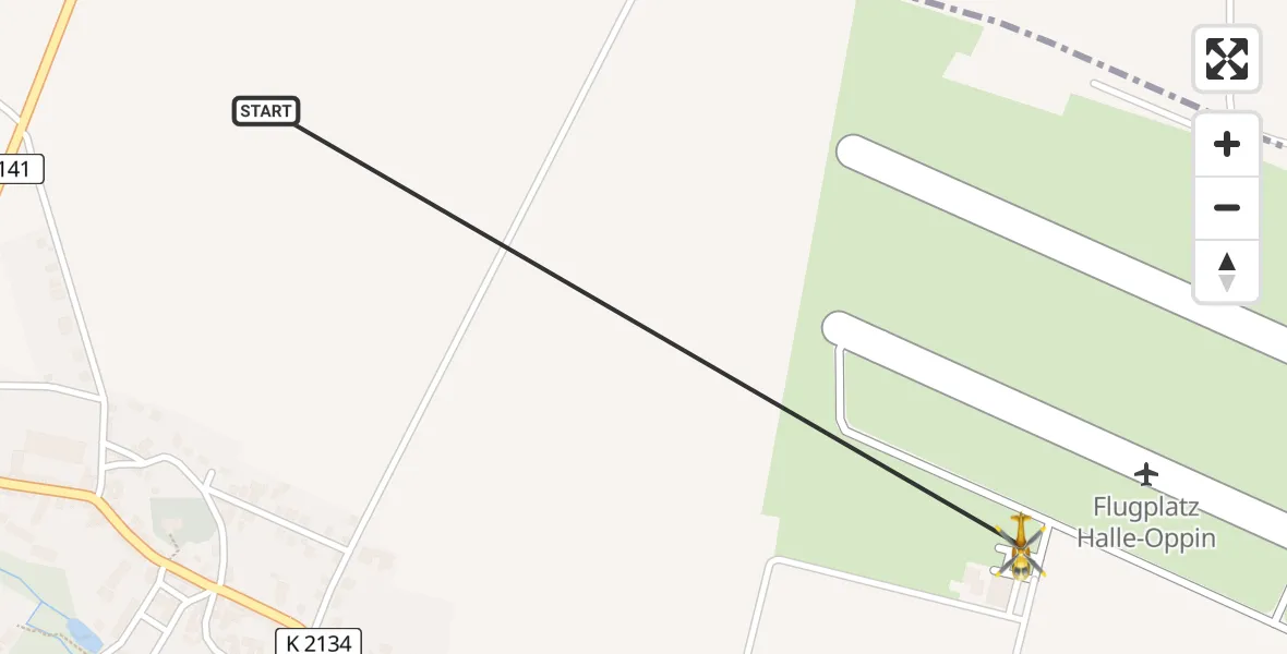 Flugroute Ambulanzhubschrauber Landsberg - Halle-Oppin Airfield, 19 Februar 2026, 17:45