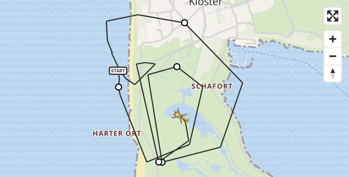 Flugroute Rettungshubschrauber Kloster - Vitte, 19 Februar 2026, 18:41