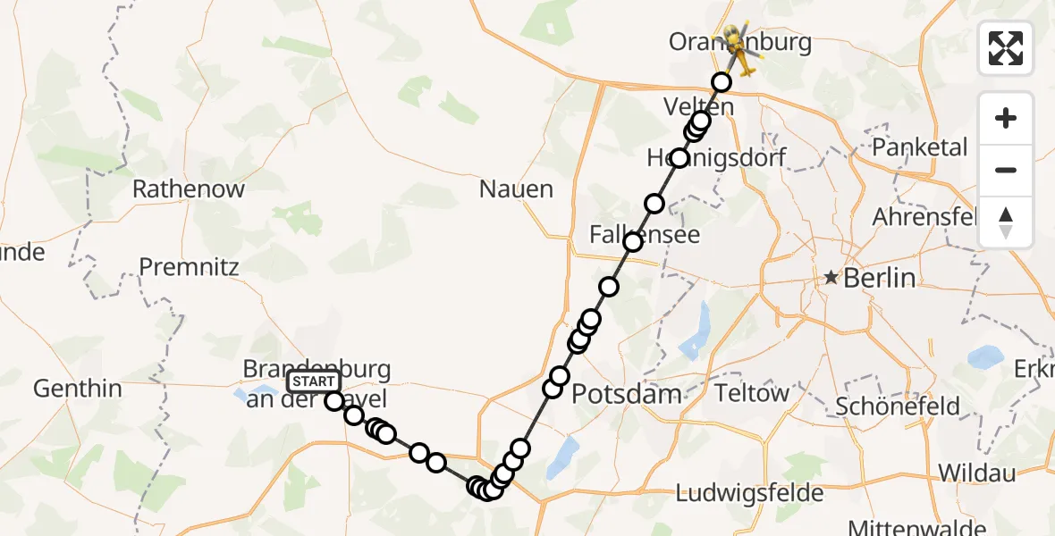 Flugroute Ambulanzhubschrauber Brandenburg an der Havel - Oranienburg, 19 Februar 2026, 21:19
