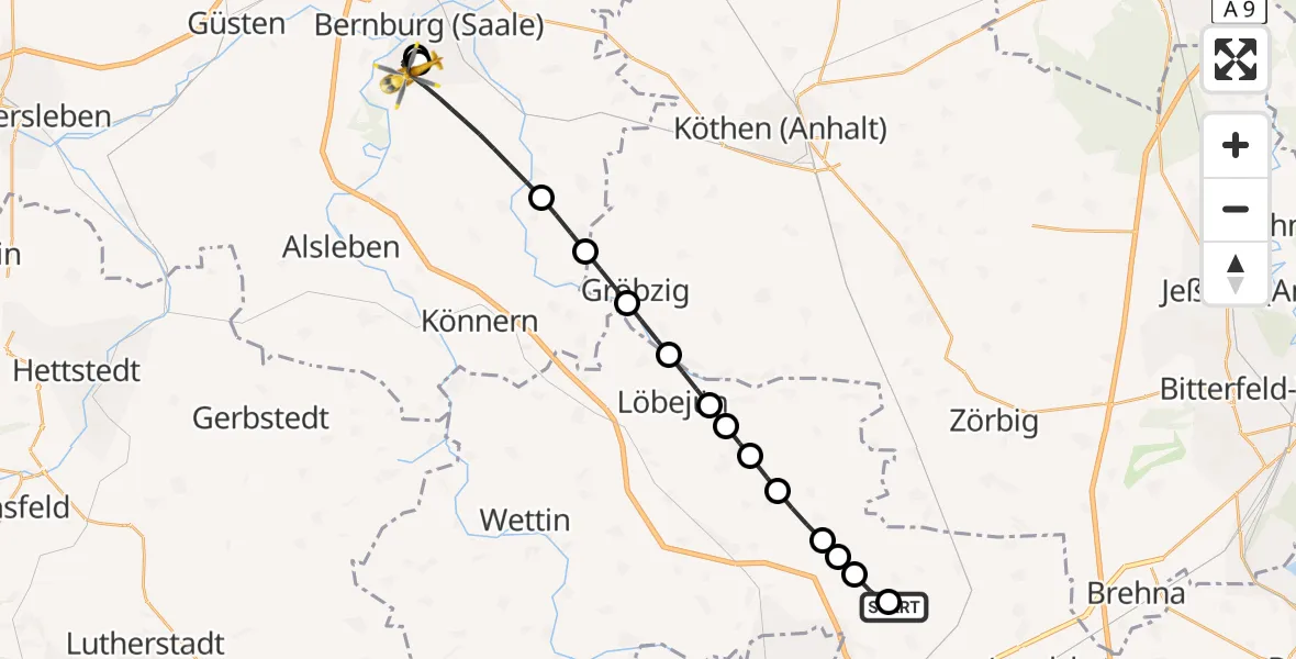 Flugroute Ambulanzhubschrauber Halle-Oppin Airfield - Bernburg (Saale), 19 Februar 2026, 21:39