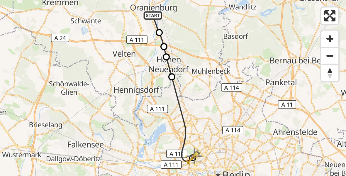 Flugroute Ambulanzhubschrauber Oranienburg - Charité Clinic Virchow Campus Heliport, 19 Februar 2026, 22:09