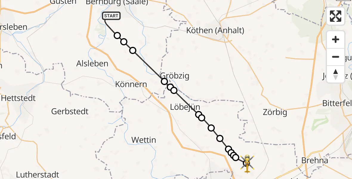 Flugroute Ambulanzhubschrauber Bernburg (Saale) - Halle-Oppin Airfield, 19 Februar 2026, 22:39