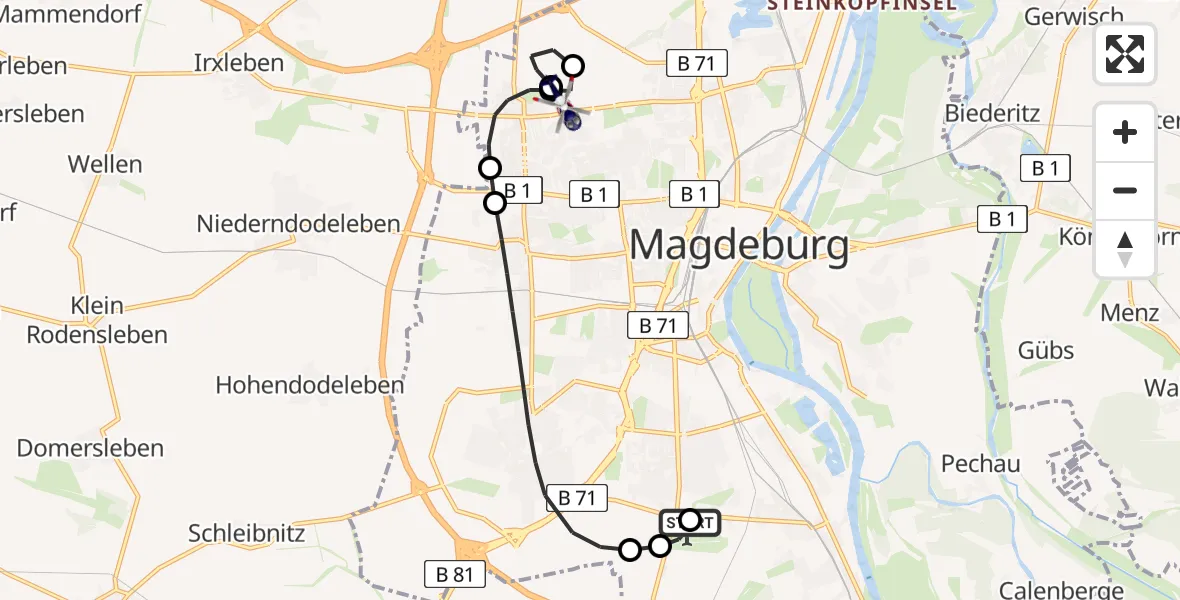 Flugroute Polizeihubschrauber Magdeburg - Magdeburg Hospital Heliport, 19 Februar 2026, 22:39