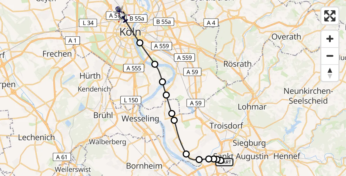 Flugroute Polizeihubschrauber Sankt Augustin - Nippes, 20 Februar 2026, 00:35