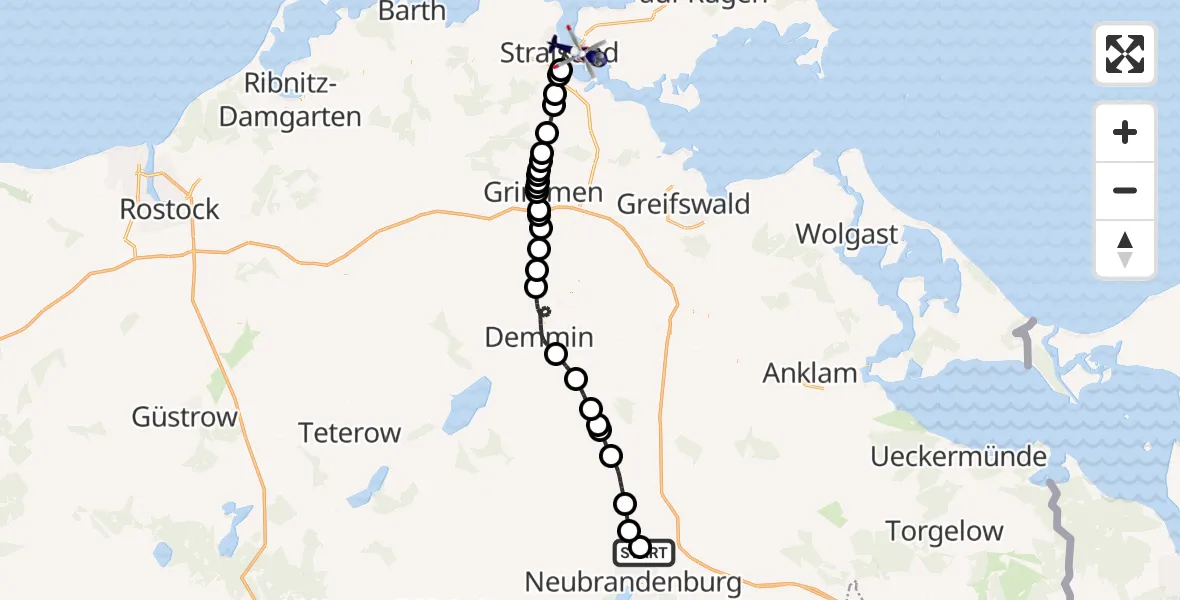 Flugroute Polizeihubschrauber Neubrandenburg Trollenhagen Airport - Stralsund, 20 Februar 2026, 06:00