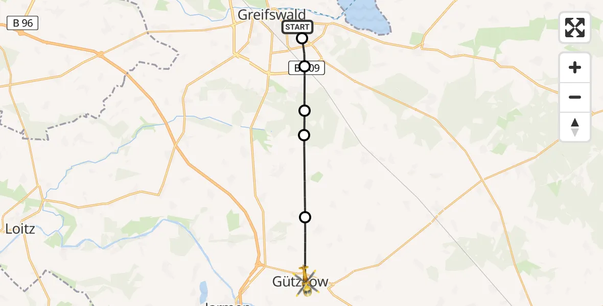 Flugroute Rettungshubschrauber Greifswald Hospital Heliport - Gützkow, 20 Februar 2026, 06:43