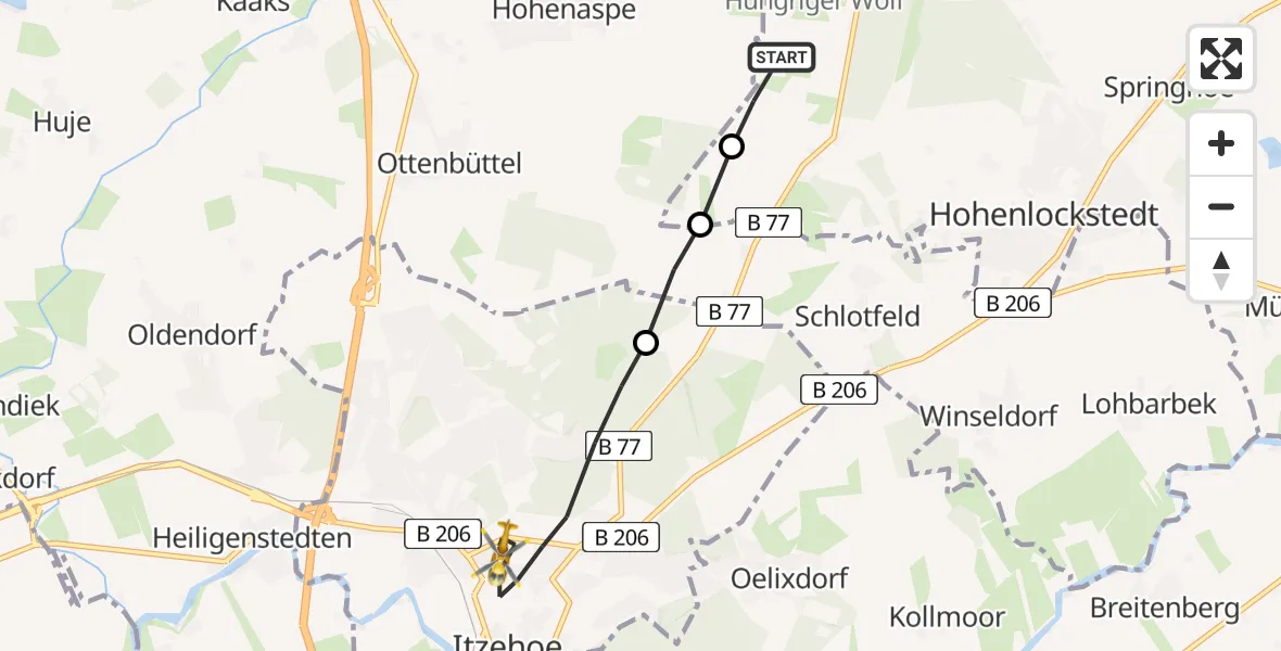 Flugroute Rettungshubschrauber Hohenlockstedt - Itzehoe, 20 Februar 2026, 06:56