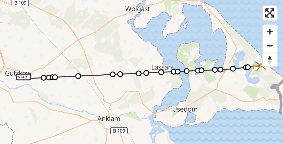 Flugroute Rettungshubschrauber Gützkow - Heringsdorf, 20 Februar 2026, 07:30