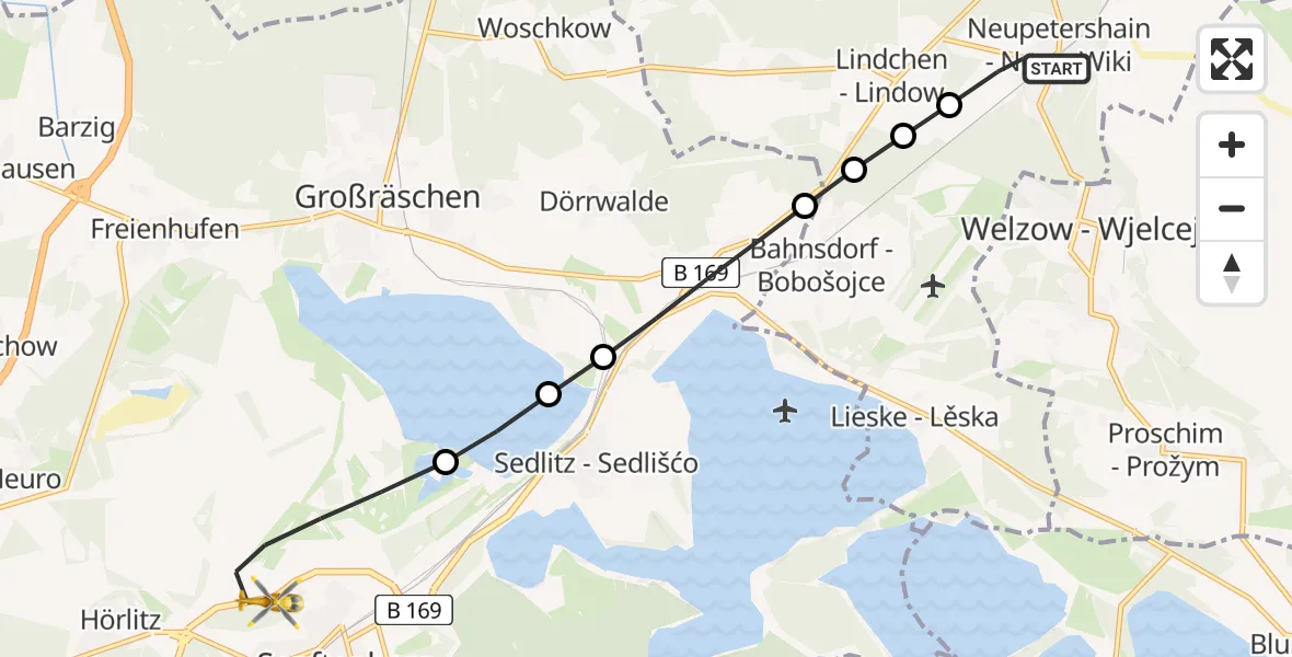 Flugroute Rettungshubschrauber Neupetershain - ADAC Air Rescue Station Senftenberg Heliport, 20 Februar 2026, 07:32