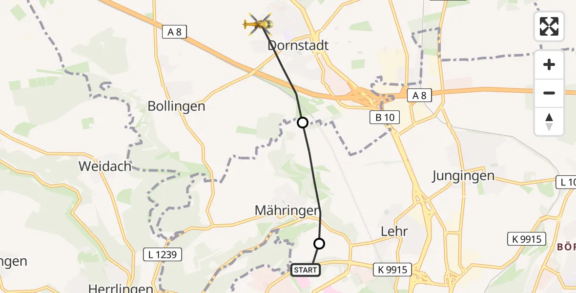 Flugroute Rettungshubschrauber ADAC Air Rescue Station Ulm (Christoph 22) - Dornstadt, 20 Februar 2026, 07:38