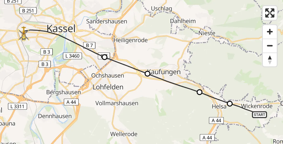 Routekaart van de vlucht: Rettungshubschrauber nach Kassel, Hansteinstraße