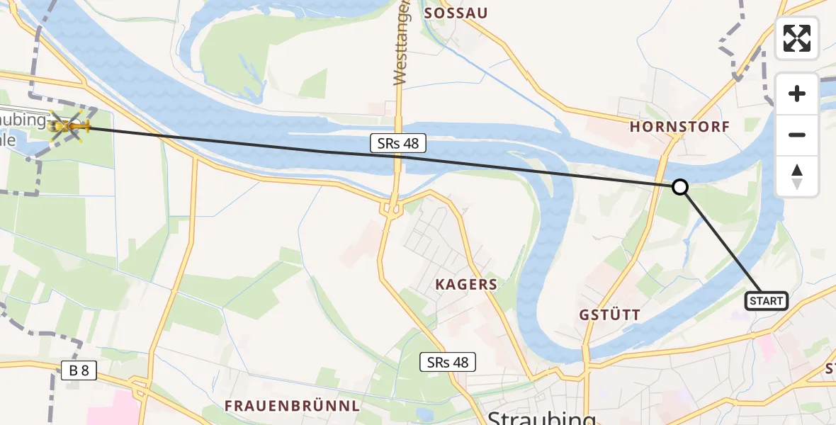 Flugroute Rettungshubschrauber Sankt Elisabeth Hospital Straubing Heliport - Straubing, 20 Februar 2026, 07:57