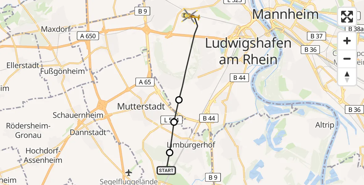 Routekaart van de vlucht: Rettungshubschrauber nach Ludwigshafen Accident Hospital Heliport