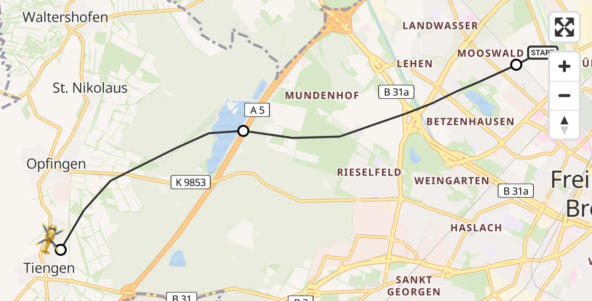 Flugroute Rettungshubschrauber Freiburg im Breisgau Airfield - Tiengen, 20 Februar 2026, 08:30