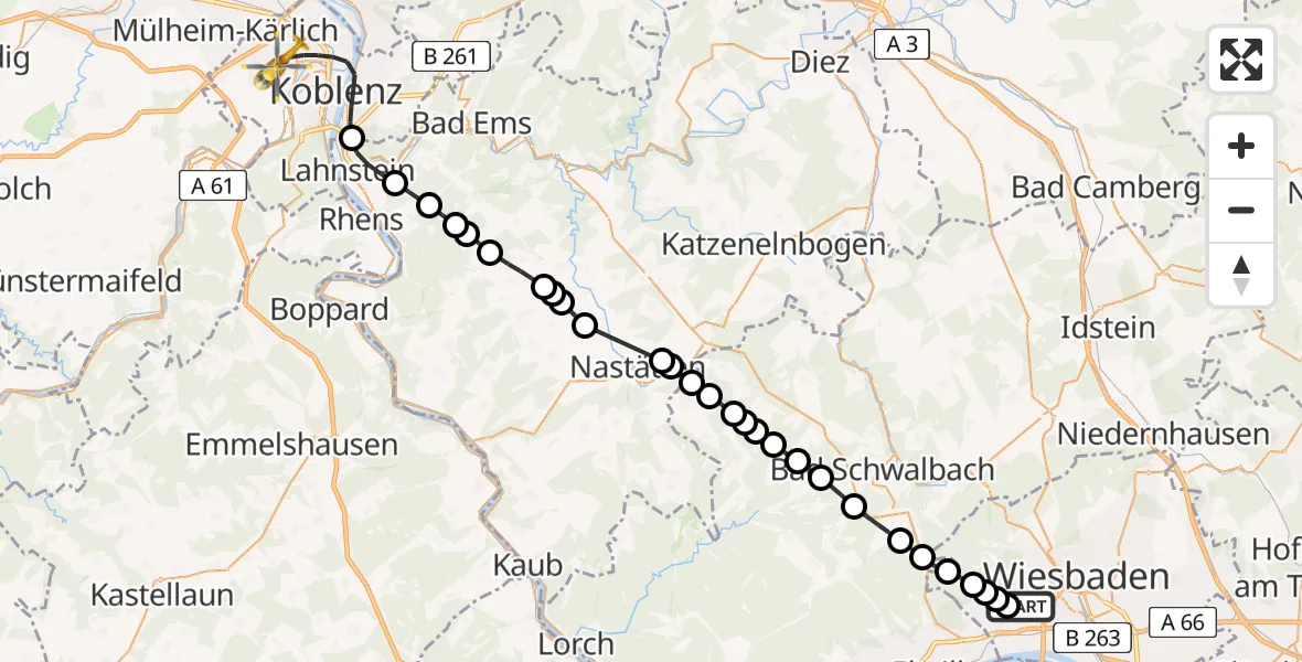 Flugroute Rettungshubschrauber Helios Horst Schmidt Clinic (HSK) Heliport - Koblenz, 20 Februar 2026, 08:41