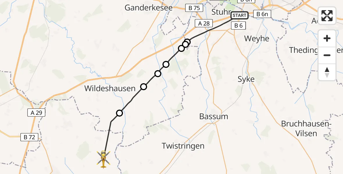 Flugroute Rettungshubschrauber Stuhr - Goldenstedt-Heide, 20 Februar 2026, 08:54