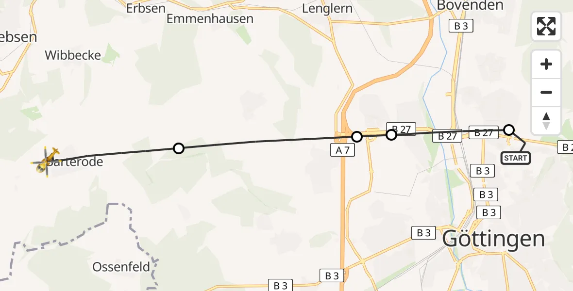 Flugroute Rettungshubschrauber Göttingen University Clinic Heliport - Adelebsen, 20 Februar 2026, 09:00