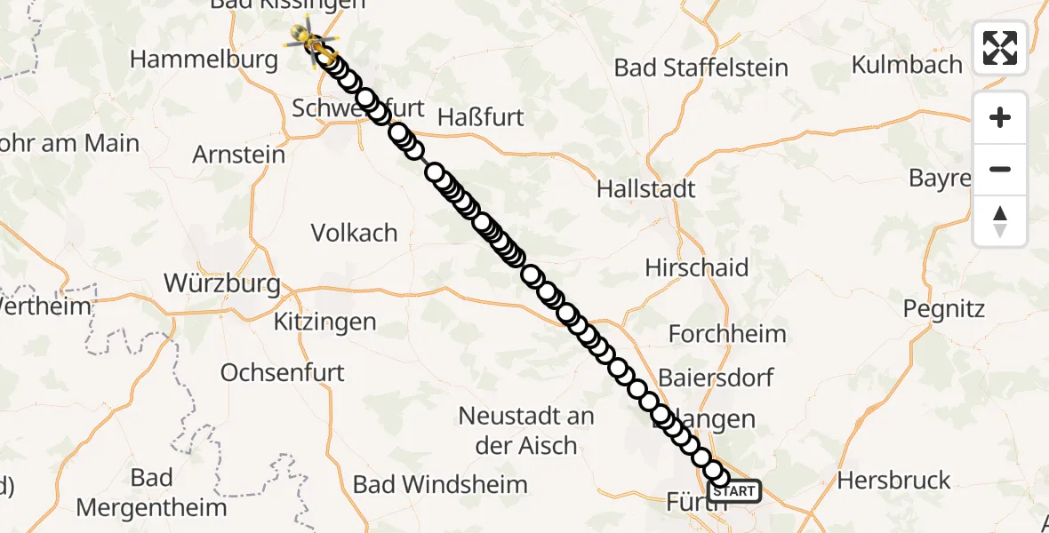 Flugroute Ambulanzhubschrauber Nuremberg Airport - Ebenhausen, 20 Februar 2026, 09:02
