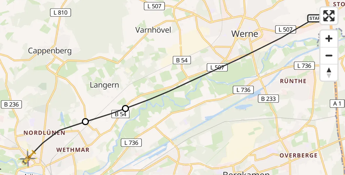 Flugroute Rettungshubschrauber Werne - Sankt Marien Hospital Heliport, 20 Februar 2026, 09:05