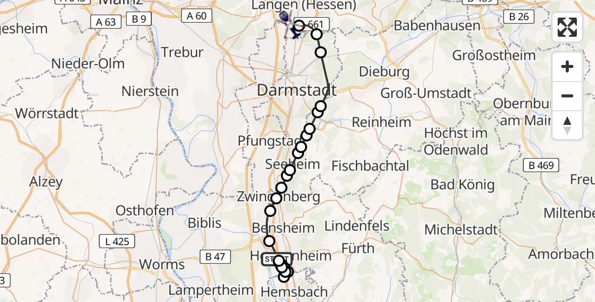 Flugroute Polizeihubschrauber Heppenheim - Frankfurt-Egelsbach Airport, 20 Februar 2026, 09:07