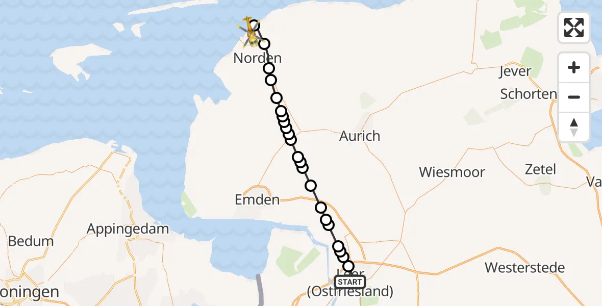 Flugroute Ambulanzhubschrauber Leer (Ostfriesland) - Norden-Norddeich Airport, 20 Februar 2026, 09:12