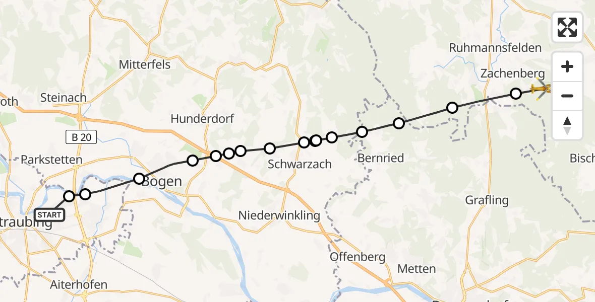 Flugroute Rettungshubschrauber Sankt Elisabeth Hospital Straubing Heliport - Habischried, 20 Februar 2026, 09:13