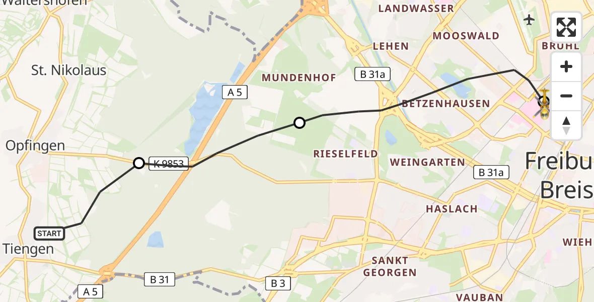 Flugroute Rettungshubschrauber Tiengen - Freiburg University Hospital Heliport 1, 20 Februar 2026, 09:16