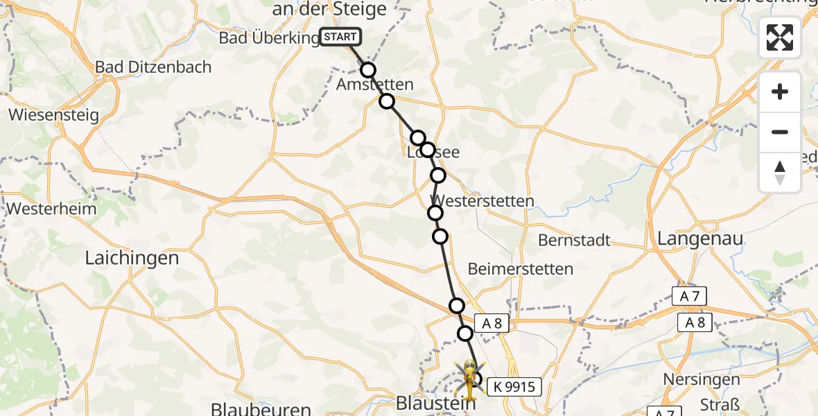 Flugroute Rettungshubschrauber Geislingen an der Steige - ADAC Air Rescue Station Ulm (Christoph 22), 20 Februar 2026, 09:25
