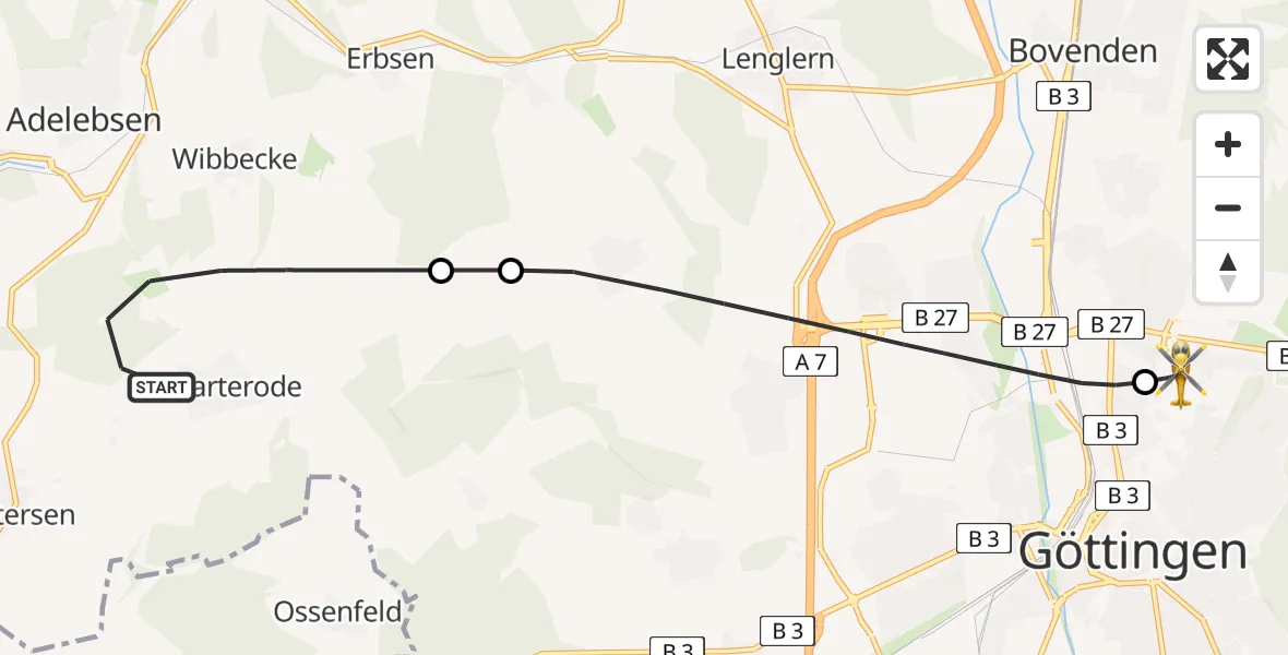 Flugroute Rettungshubschrauber Adelebsen - Göttingen University Clinic Heliport, 20 Februar 2026, 09:30