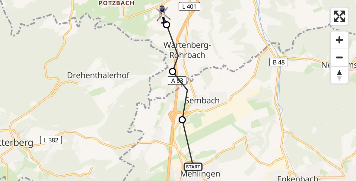 Flugroute Polizeihubschrauber Mehlingen - Lohnsfeld, 20 Februar 2026, 09:39