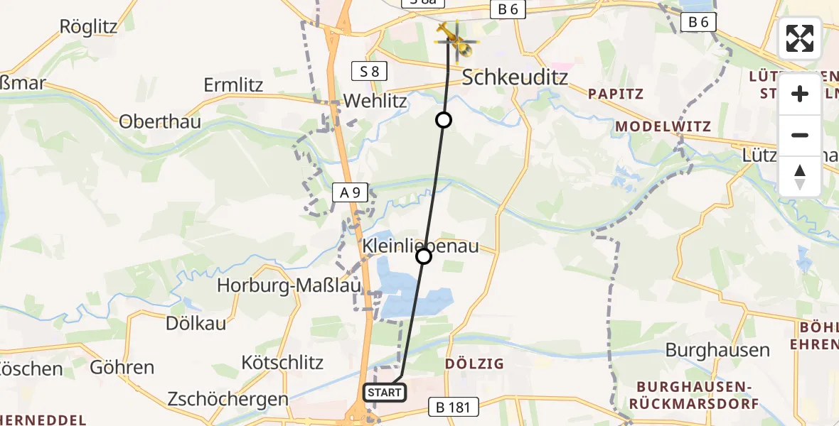 Flugroute Rettungshubschrauber ADAC Air Rescue Station Leipzig/Schkeuditz-Dölzig Heliport (Christoph 61) - Wehlitz, 20 Februar 2026, 09:43