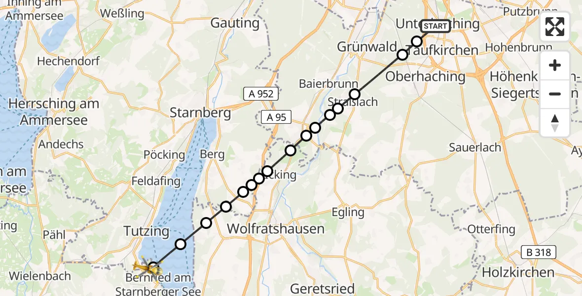 Flugroute Rettungshubschrauber Unterhaching - Bernried am Starnberger See, 20 Februar 2026, 09:44