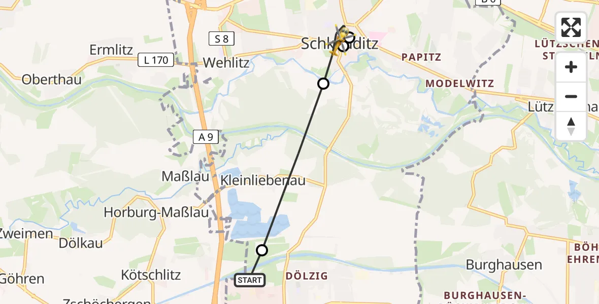 Flugroute Rettungshubschrauber ADAC Air Rescue Station Leipzig/Schkeuditz-Dölzig Heliport (Christoph 61) - Schkeuditz, 20 Februar 2026, 09:51