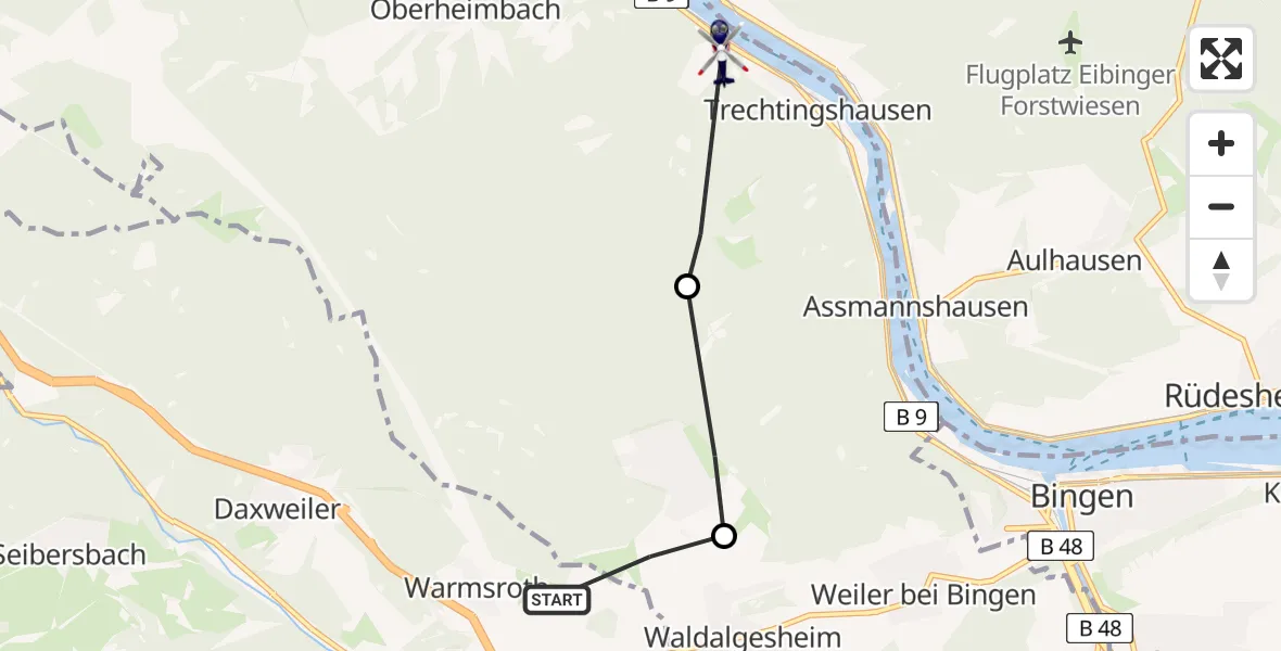 Routekaart van de vlucht: Polizeihubschrauber nach Trechtingshausen, B 9