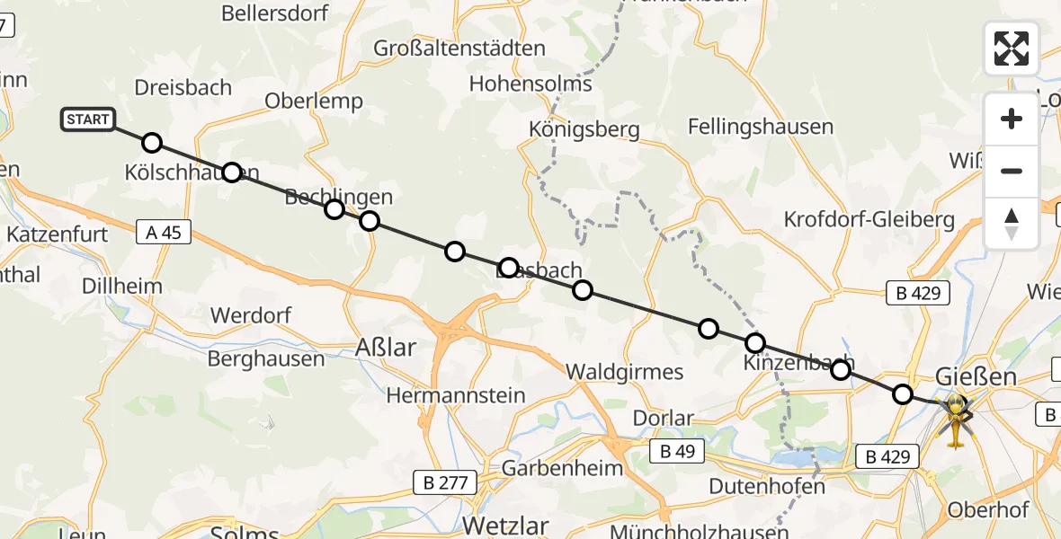 Flugroute Rettungshubschrauber Sinn - Gießen University Hospital Heliport, 20 Februar 2026, 10:02