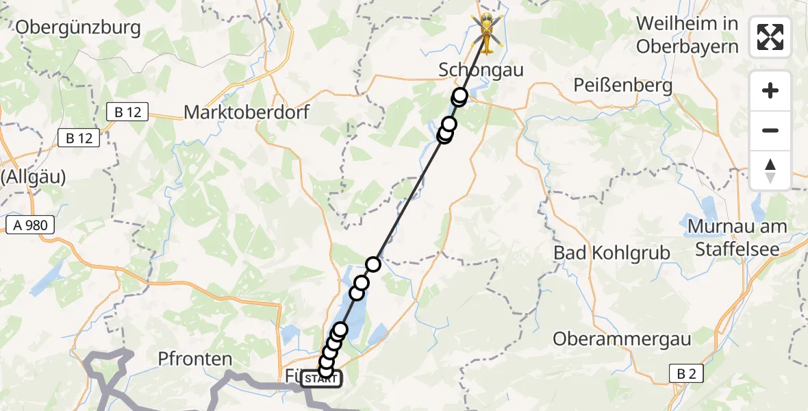 Flugroute Rettungshubschrauber Füssen - Schongau, 20 Februar 2026, 10:04