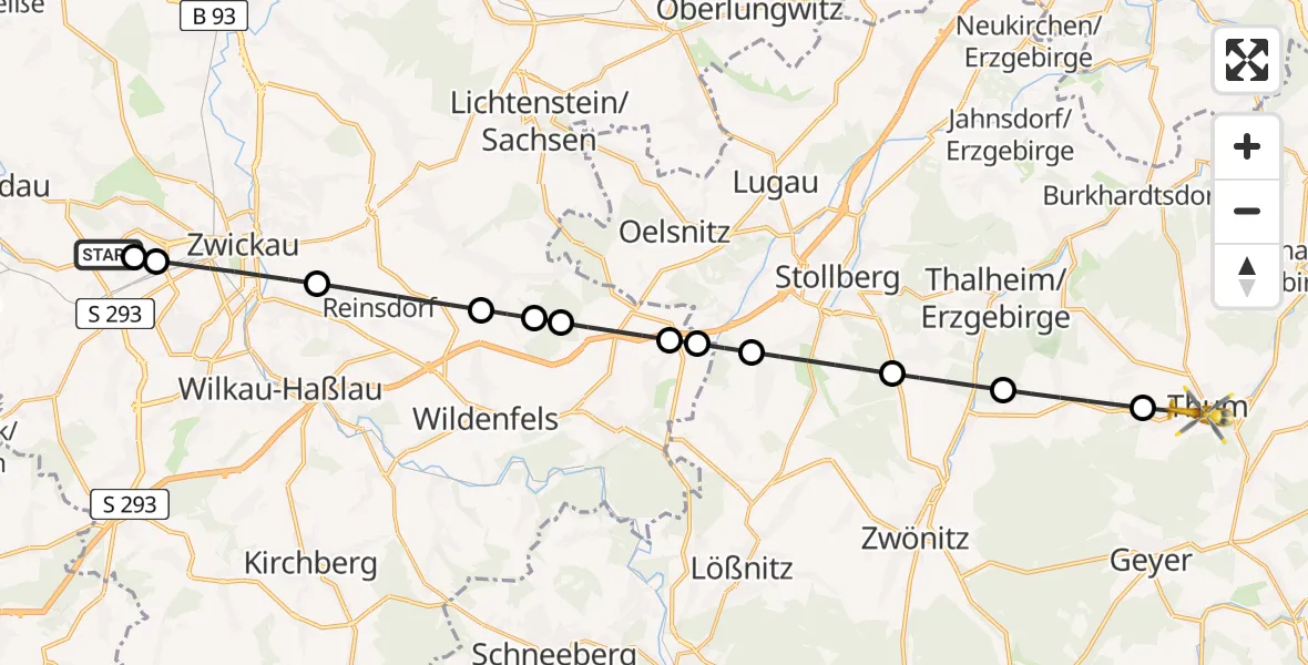 Flugroute Rettungshubschrauber ADAC Air Rescue Station Zwickau Heliport - Thum, 20 Februar 2026, 10:05