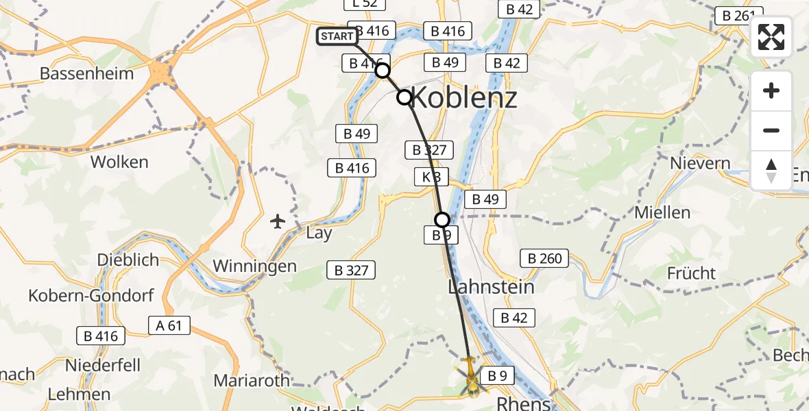 Routekaart van de vlucht: Rettungshubschrauber nach Rhens, Krippbachtal