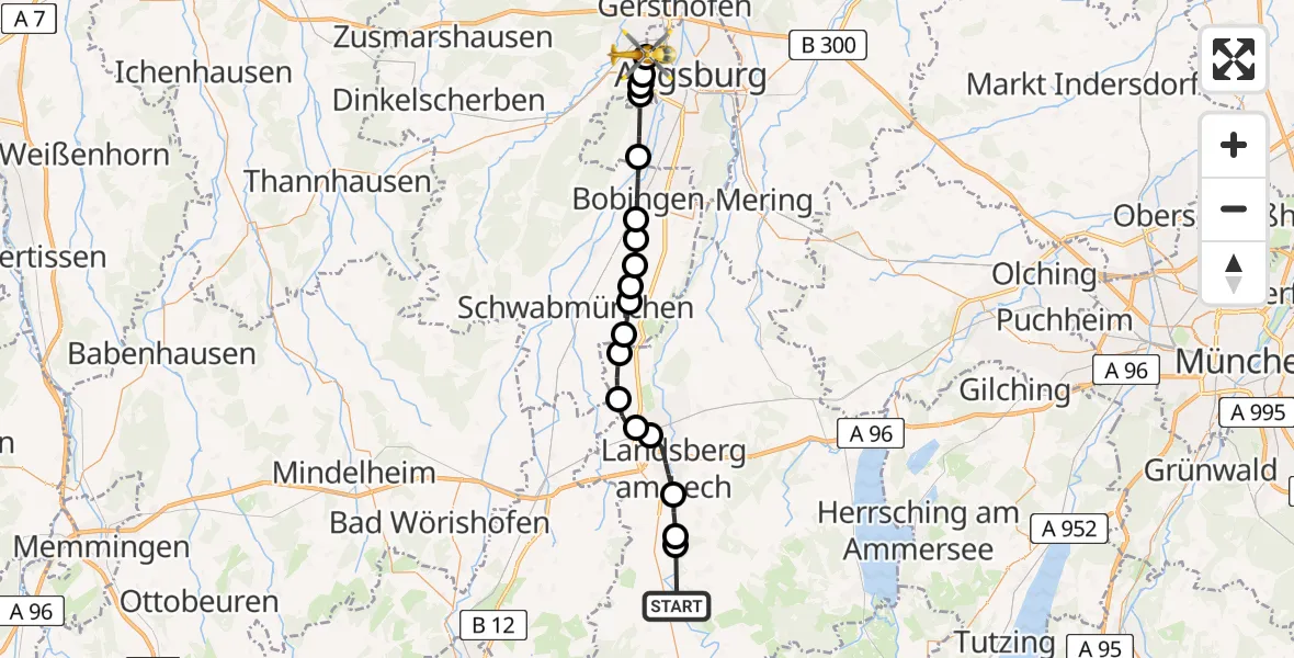 Routekaart van de vlucht: Rettungshubschrauber nach Augsburg University Hospital Heliport