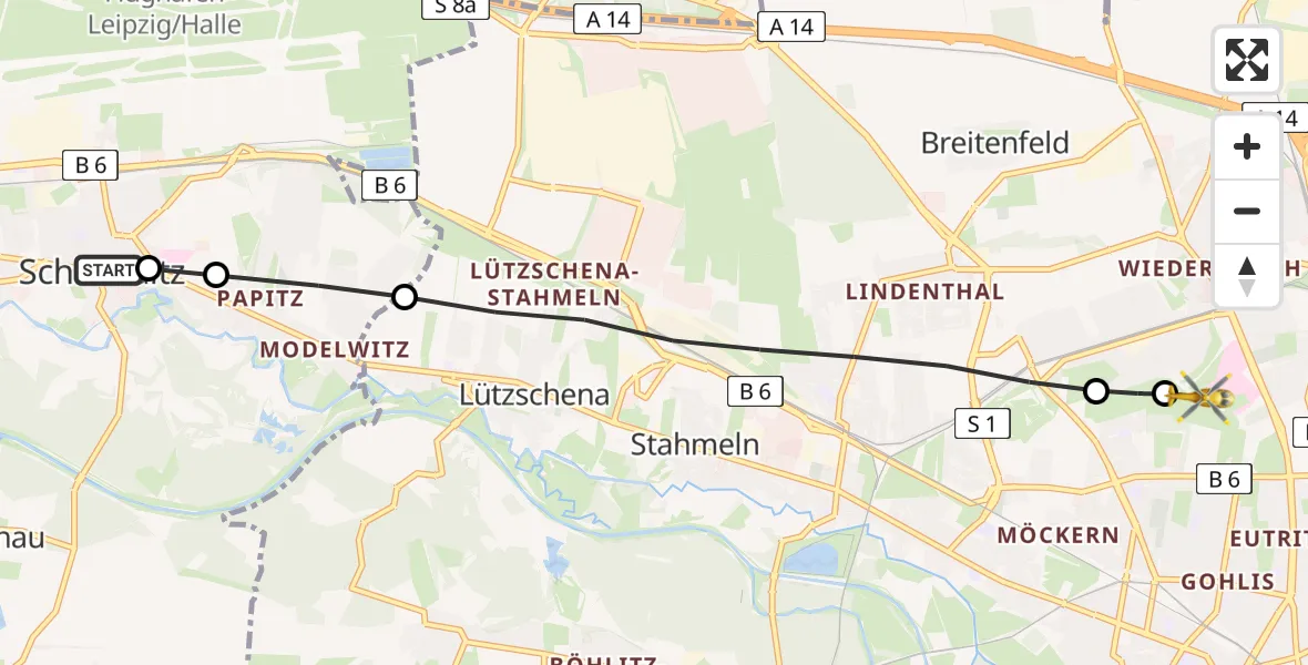 Flugroute Rettungshubschrauber Schkeuditz - Sankt Georg Hospital Leipzig Reserve Heliport, 20 Februar 2026, 10:29