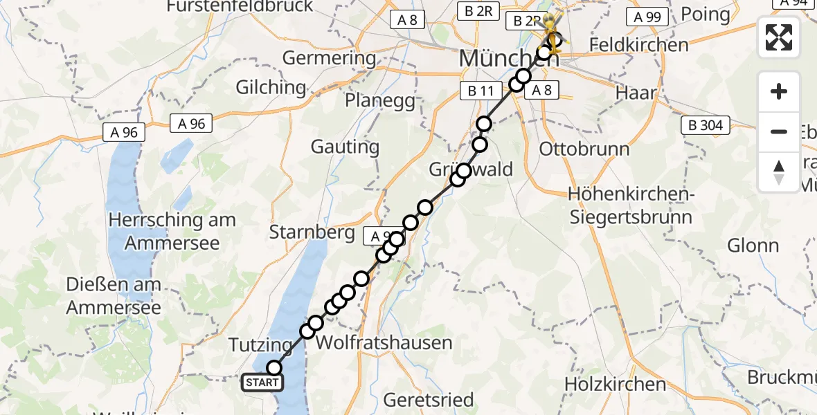 Flugroute Rettungshubschrauber Bernried am Starnberger See - München Bogenhausen Hospital Heliport, 20 Februar 2026, 10:32