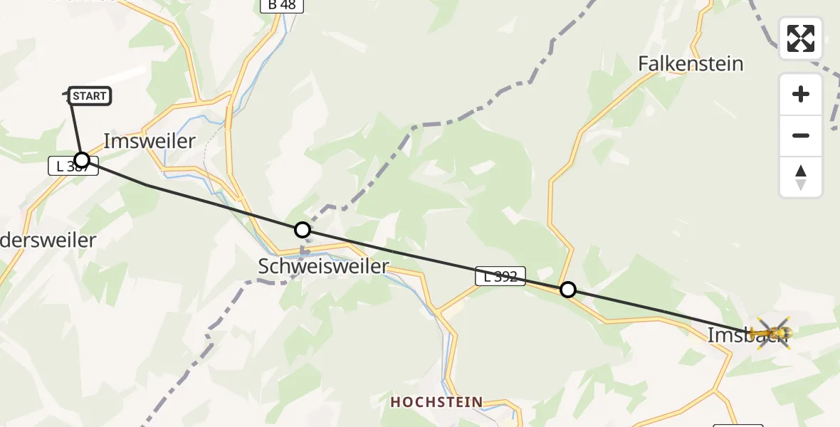 Flugroute Rettungshubschrauber Imsweiler UL - Imsbach, 20 Februar 2026, 10:36